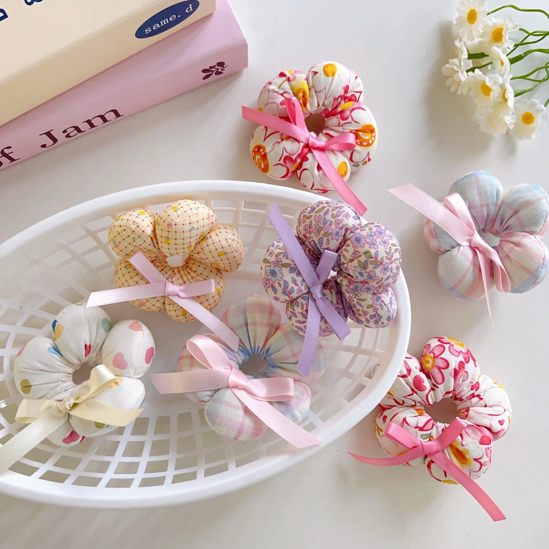 

Детские резинки для волос в клетку с цветочным принтом — акценты с бантиком и тканевой подкладкой для укладки булочек для девочек