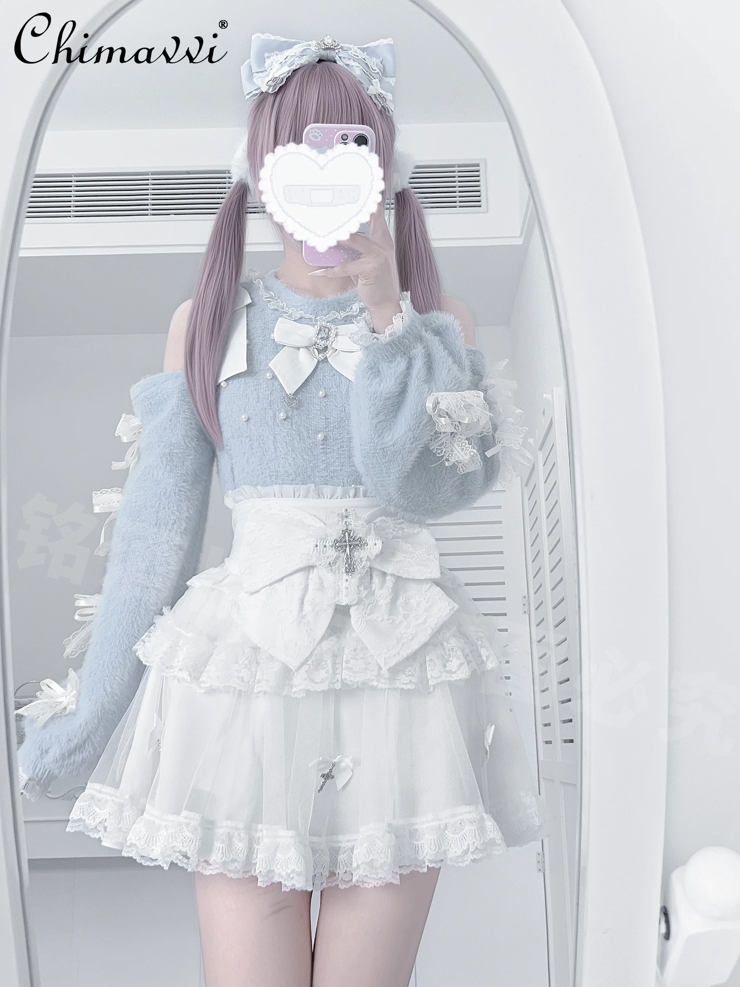 

Japanese Subculture Autumn Watercolor Round Neck Long Sleeve Cute Bow Sweater High Waist Skirt 2Piece Mine Series Lolita Outfit