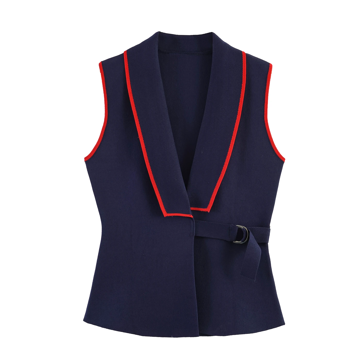 Navy Contrast Red Trim Knit Waistcoat V Lapel Sleeveless Side Buckle Belt Cinched Waist Slim Fit Casual Layering Vest Top 260701