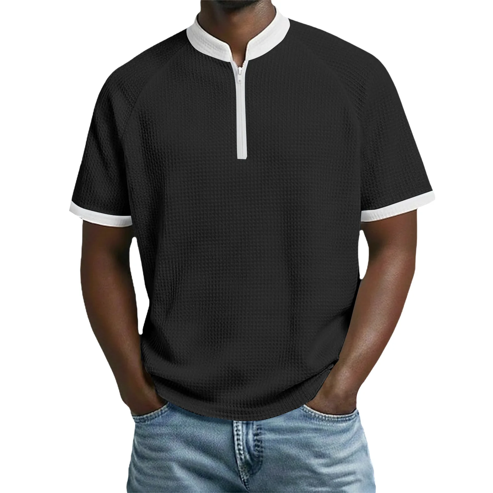 Men's Summer Stand-up Collar Short-sleeved Polo Shirt Contrasting Color Casual Sports Men's T-shirt