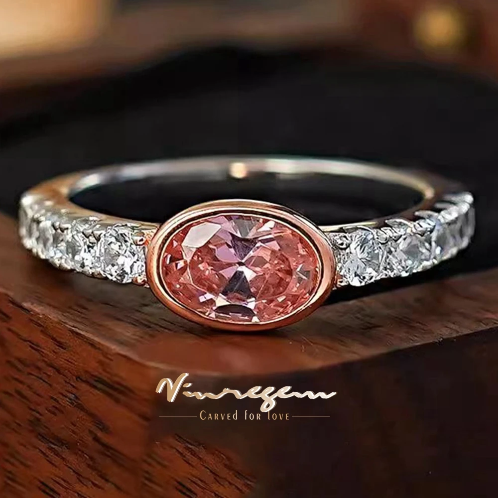 Vinregem 5*7 MM Oval Cut Padparadscha High Carbon Diamond Gemstone 925 Sterling Silver Wedding Party Ring for Women Fine Jewelry