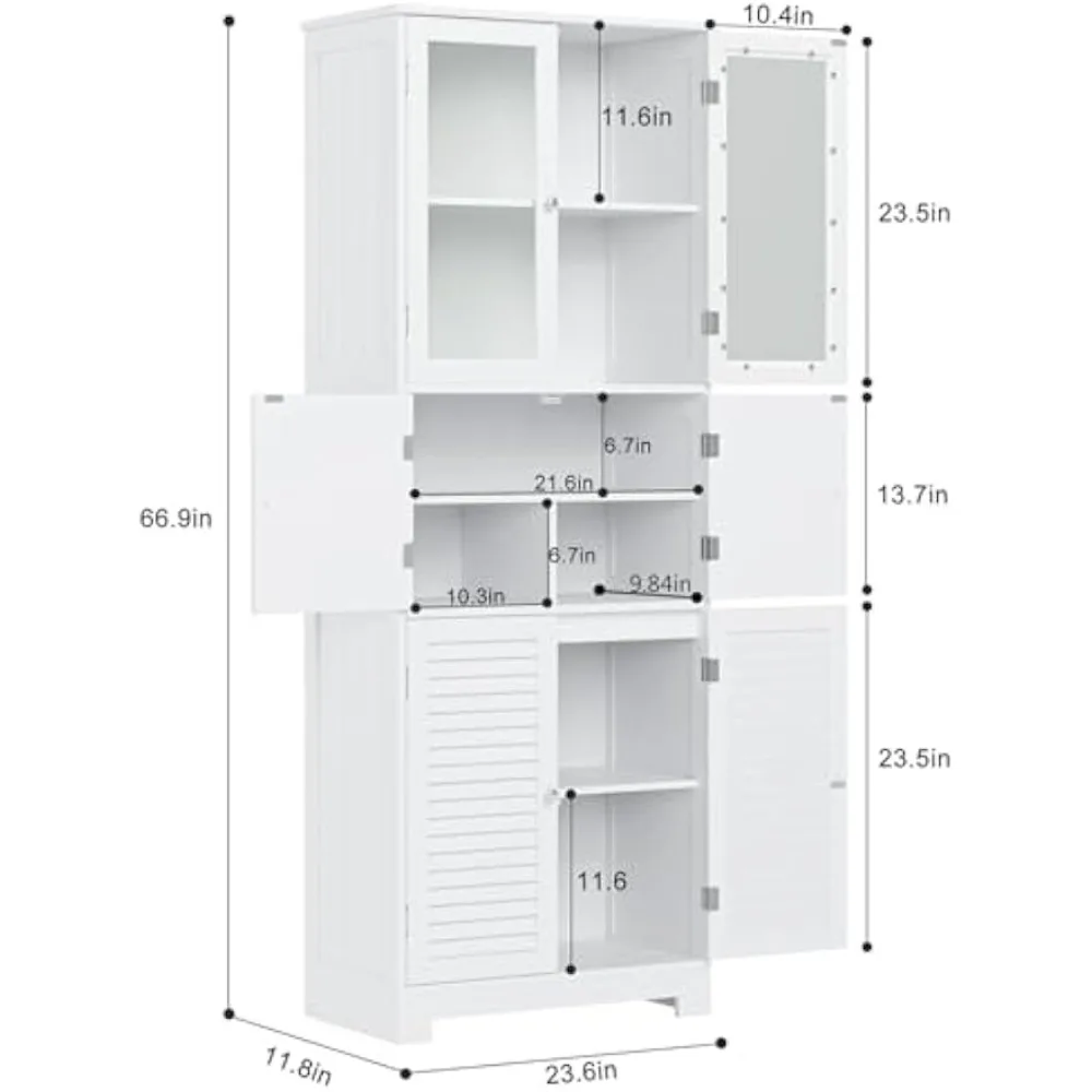 67” Tall Kitchen Pantry Cabinet, Bathroom Storage Cabinet with Glass Doors and Shelves, Freestanding Floor Cabinet Cupboard