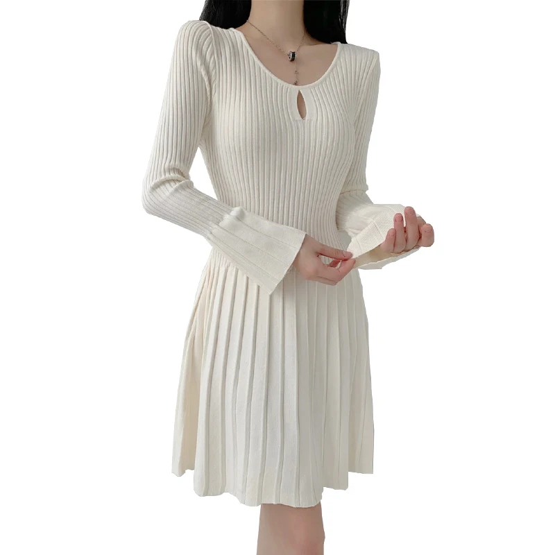 Women's knitted dress new autumn and winter lining with hollowed out pleats and waist flared sleeves A-line short skirt