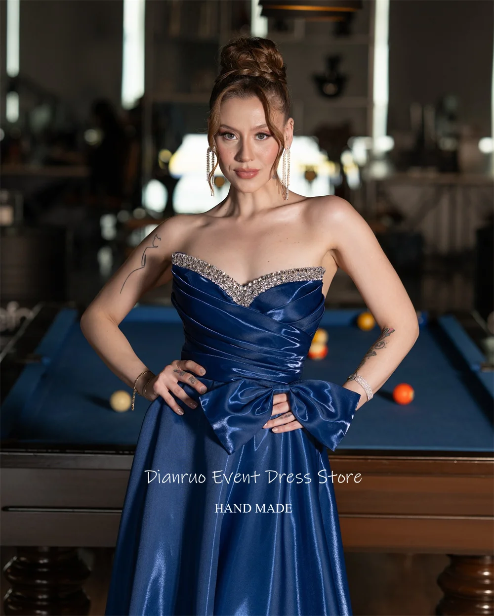 Dianruo Gaun Malam A Line Biru Laut Gaun Pesta Pernikahan Busur Berkilau Kristal Vestidos De Fiesta Satin Sayang Disesuaikan