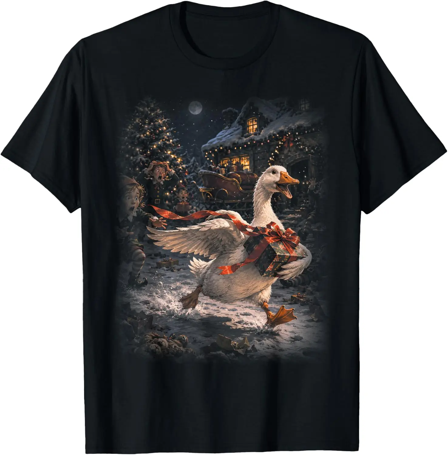 Funny Christmas Goose Stealing Presents T-Shirt Breathable, heavyweight pure cotton short-sleeve top—stylish, plus-size, and suitable for year-round wear with a sporty, casual vibe