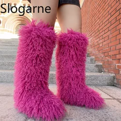Luxury Winter Faux Fur Knee High Boots Women Wool High Tube Fur Snow Boots Fluffy Faux Mongolian Fur Platform Shoes Girls Boots