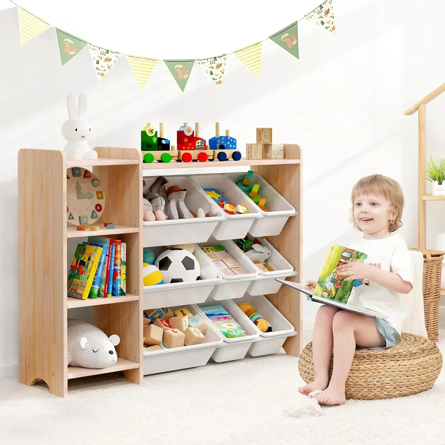 Hot sales 4-Tier Kids' Toy Storage Organizer Shelf - 100% Solid Wood,Children's Storage Cabinet