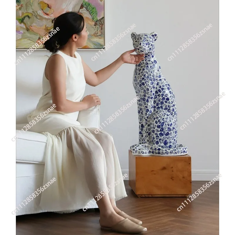Blue‑and‑White Porcelain Hand‑applied Patch Leopard Figurine, 