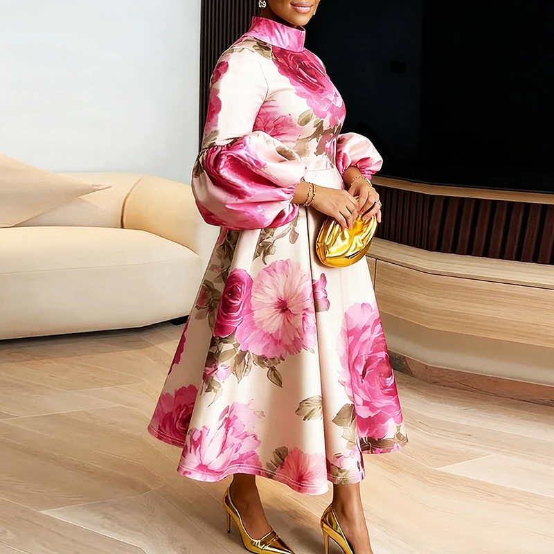 

Элегантное женское платье с воротником-стойкой и рукавами-фонариками, модное повседневное платье с цветочным принтом для весны и лета, подчеркивающее талию, для вечеринок