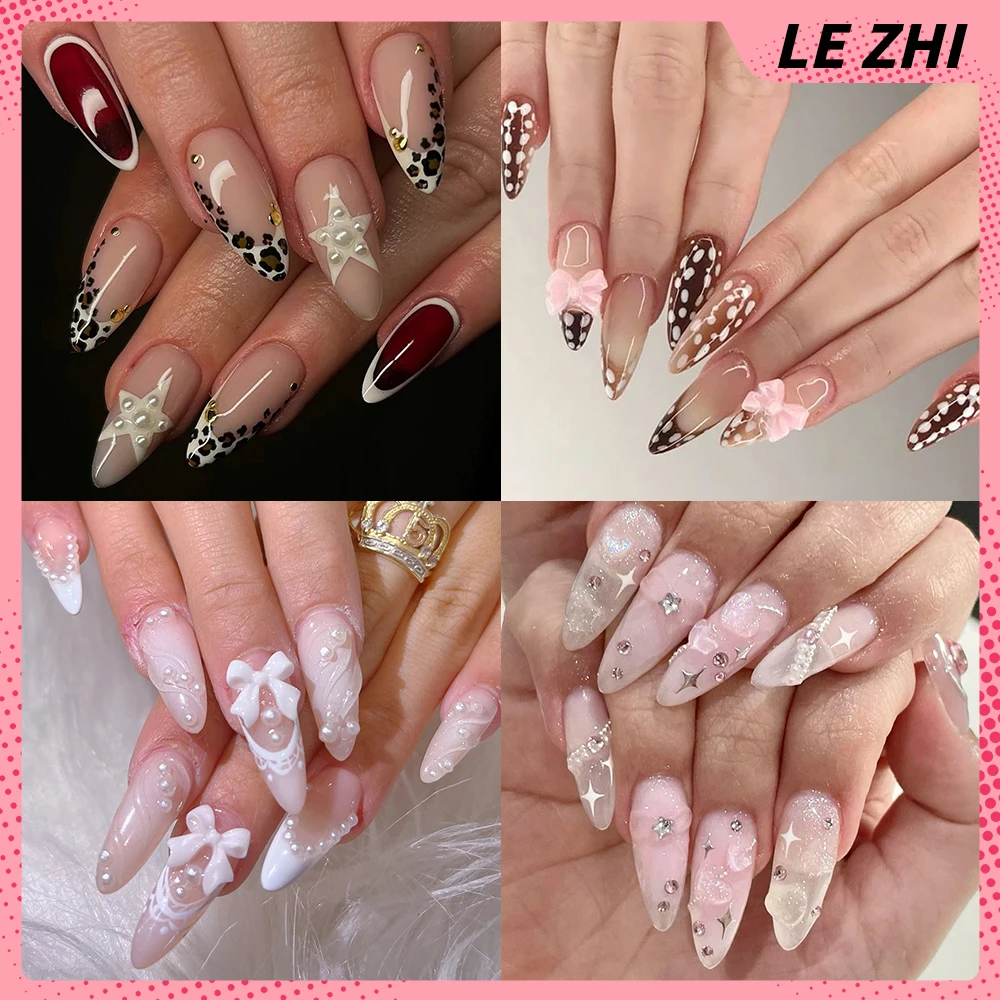 

Sweet Cool French Pink Handmade Long Almond Press On Nails Diamond Pearl Flowers Bow Leopard Print Wearable Nail Party Sticker