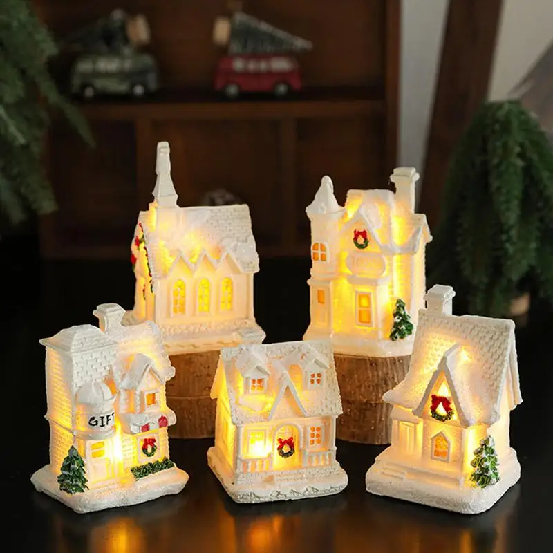 LED Christmas Snow House Xmas Decoration Scene Village Statue Christmas Resin House Home Desktop Decor 2024 Party Supplies