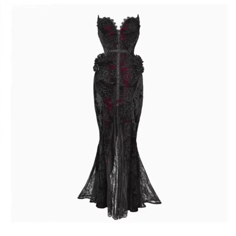 FallenVex Store Women Gothic Vampire Black Red Lace Patch Dress Organza Trumpet Sleeveless Floor Length Halloween Evening Party