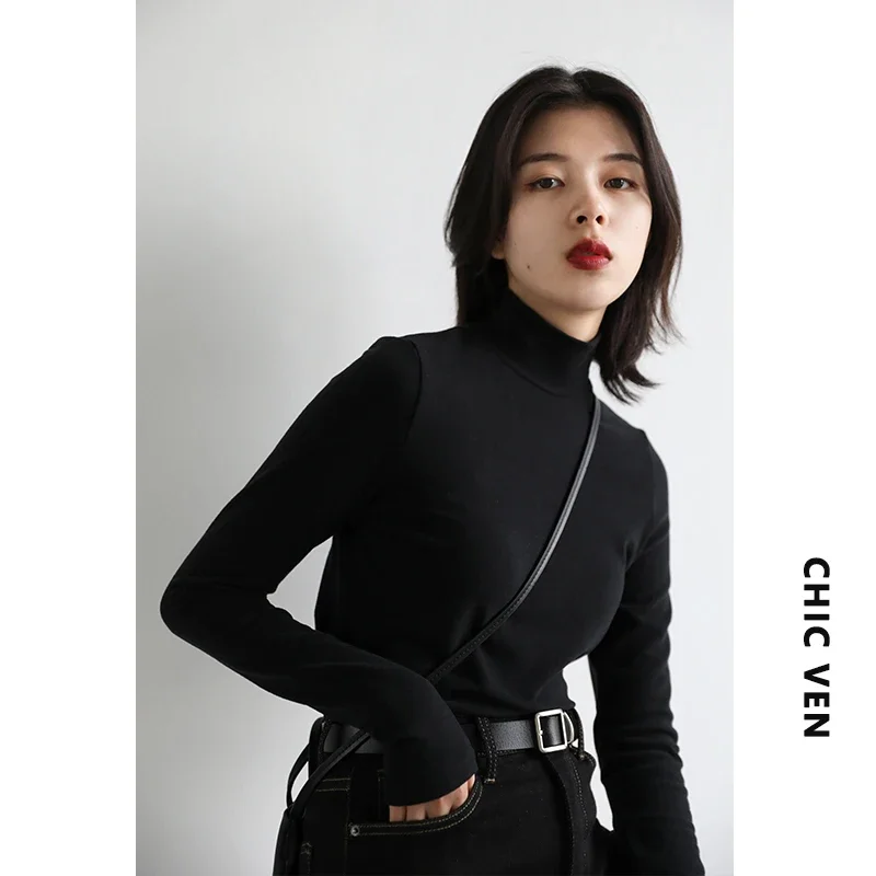 CHIC VEN Women\'s Sweatshirts Turtleneck Pullovers Casual Solid Dralon Warm Bottom Blouse Office Lady Tops Autumn Winter 2022