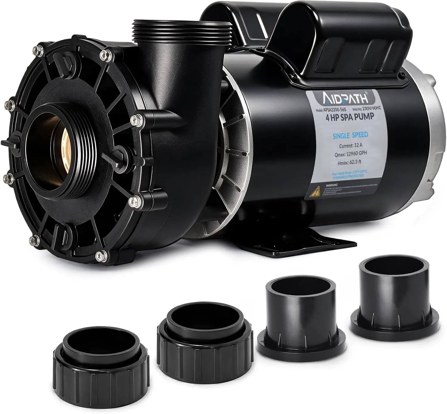 56 Frame, 4HP, 230V Hot Tub Spa Pump with 1.5”&2” Union Fitting Kit