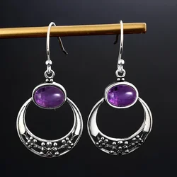Silver Plated Drop Earring 6x8MM Oval Amethyst Chrysanthemum Pendant Earrings Engagement Wedding Women Earrings