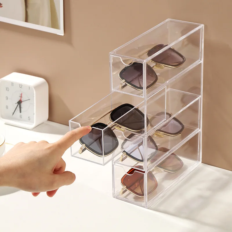 Sunglass Storage Box Acrylic Eyeglass Organizer Make-up Storage Drawer Tray Jewelry 4-Layer Transparent Visual Sunglasses Case