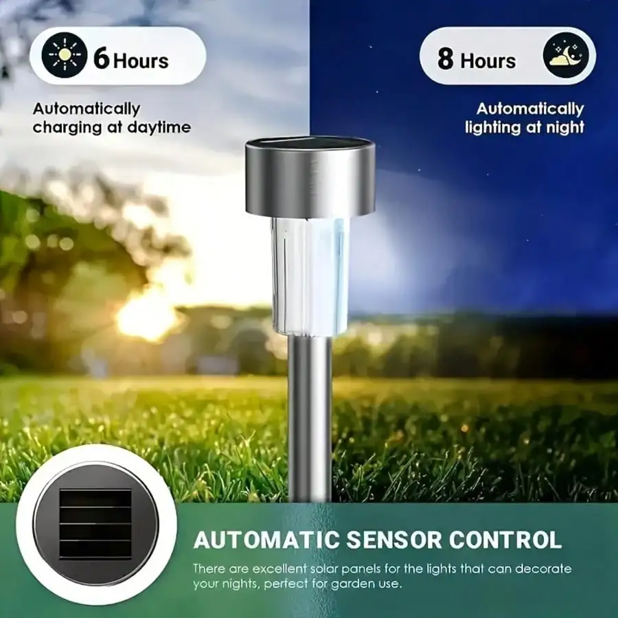 Solar-Powered Outdoor Garden Lights With Stainless Steel Heads, Suitable For Pathways, Patios, Lawns, Villas, Parks, Decks, And Driveways. Ideal As Ambient Lighting Gifts For Christmas And Halloween, Featuring IP44 Rating. Available In Packs Of 12