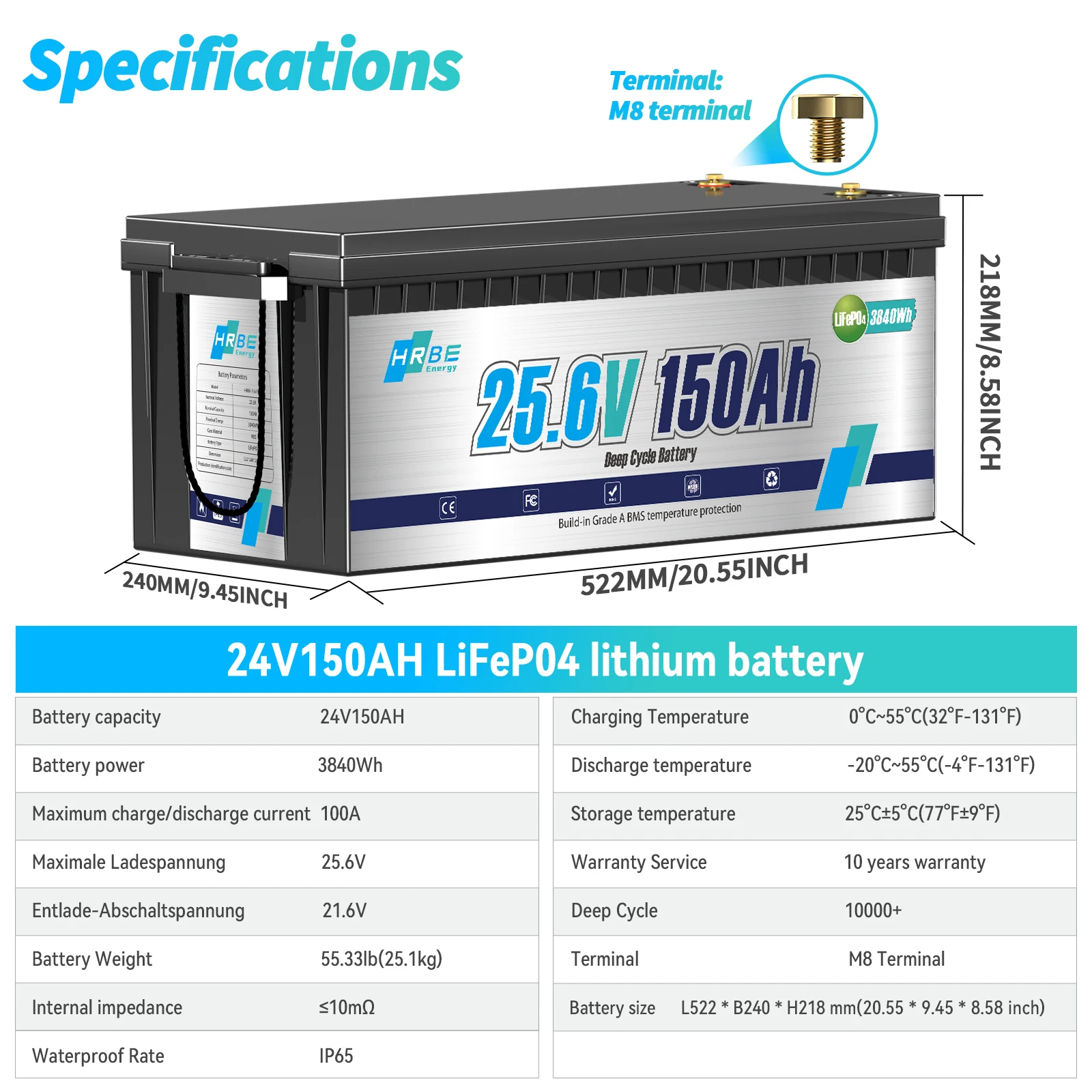 HRBEEnerg 24V 150Ah LiFePO4 Lithium Battery Pack 100A BMS 8000+ Cycles For RV,Solar,Marine,Camping,Trolling Motor,off-Grid