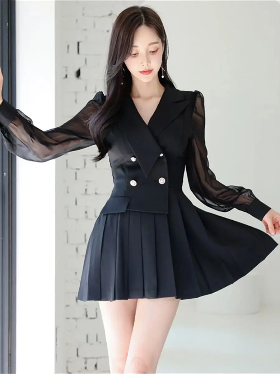 Autumn New Elegant Black Blazer Short Dress for Women Simple Korean Fashion Puff Sleeve Patchwork Slim Mini Pleated Dresses