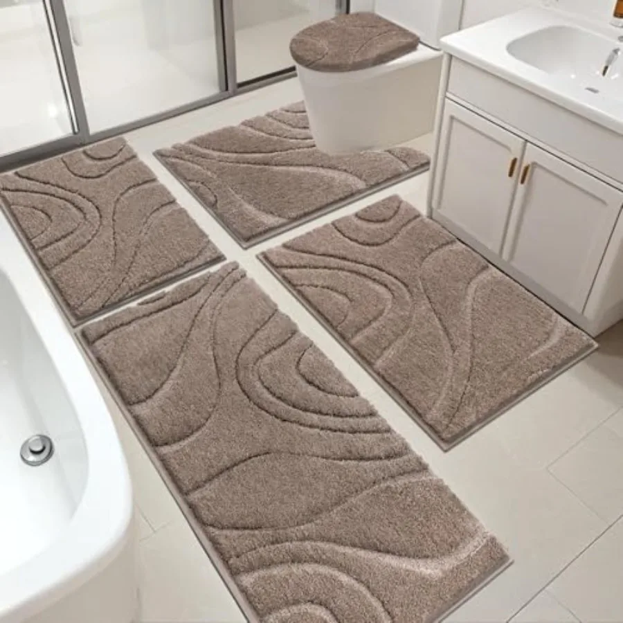 

HEBE Bathroom Rugs Sets 5 Pcs Soft Absorbent Microfiber Bath Mat for Bathroom Non Slip Washable Bath Rug Set with Toilet Cover