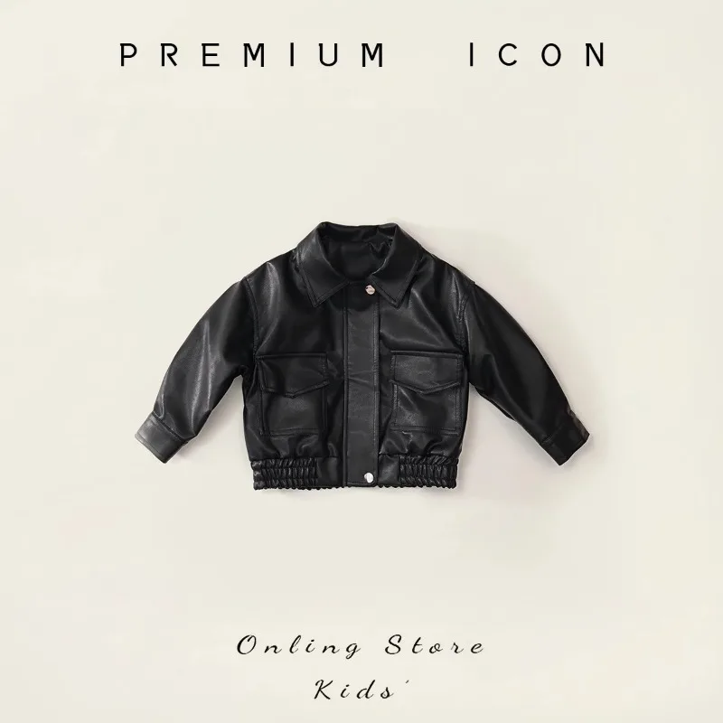

Children's Leather Jacket 2025 Spring and Autumn Boys and Girls Solid Color Collar Leather Jacket Handsome Motorcycle Suit