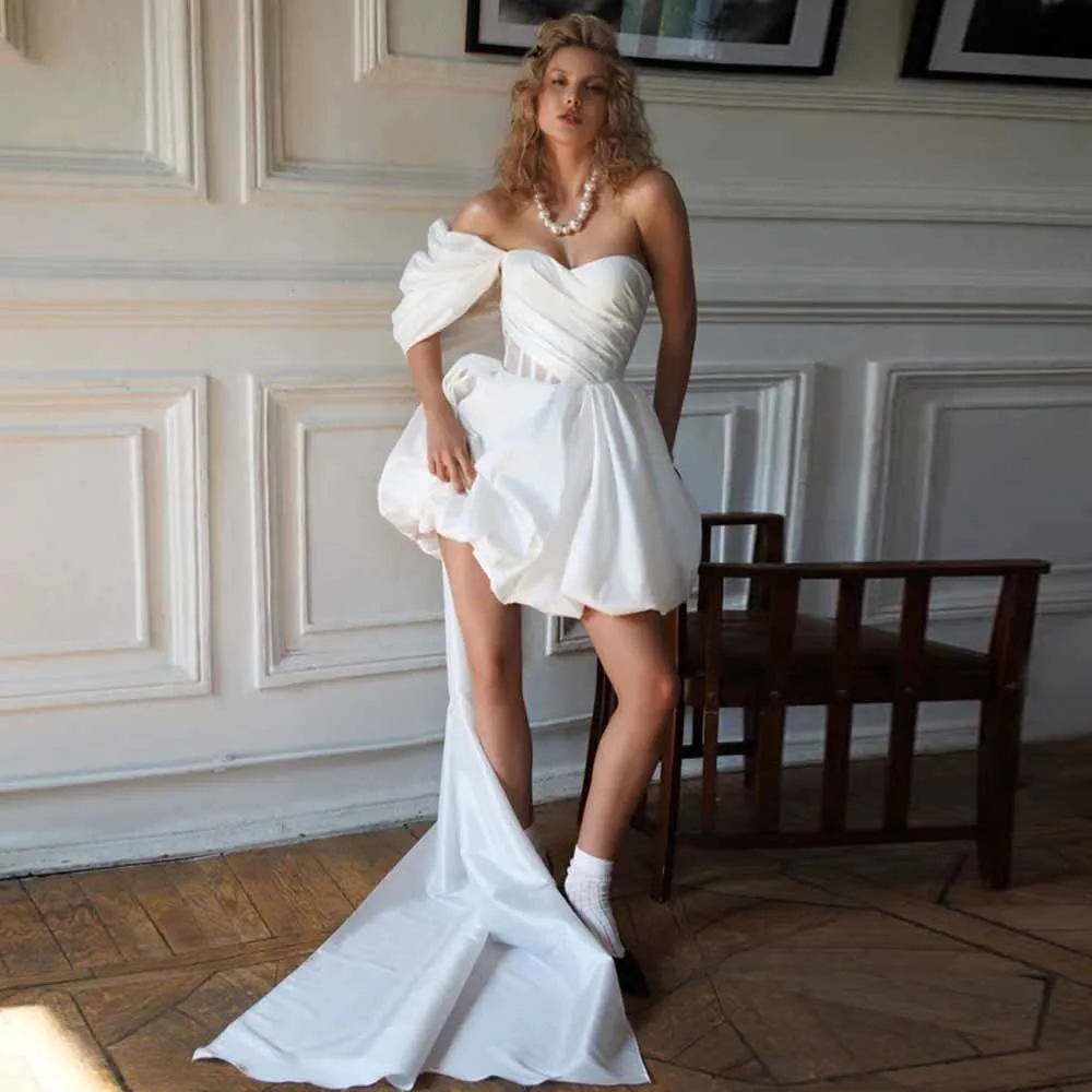 

Modern Women's Wedding Dresses Mini Satin A-line Wedding Party Dress White Off-the-shoulder Watteau Train Pleat Bridal Gown