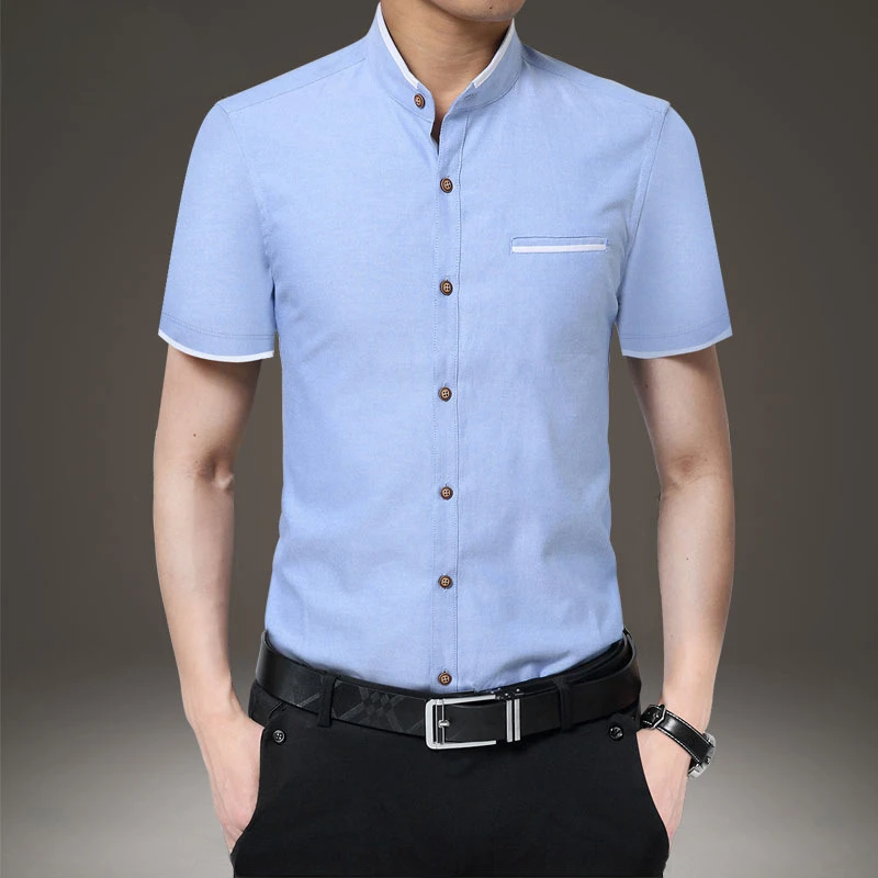 Summer New Men\'s Short Sleeve Shirt Soild Simple Business Solid Color Casual Single Pocket Comfortable Cotton Shirt