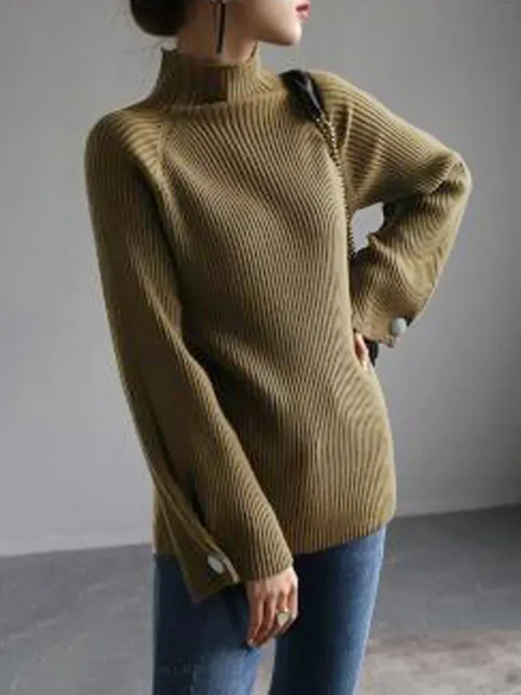 Beautyblue Fashion Women's Clothes Knitted Sweater Casual Button Half-high Collar Solid Color Elegant Knitwear Female Pullover