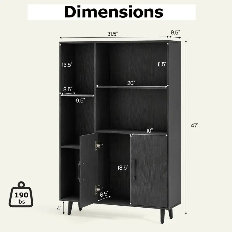 4 Inch Floor Bookshelf With 5 Open Shelves And 2-Door Storage Cabinet, Sturdy Metal Legs, Anti-Tipping Kit, Modern Display Unit For Living Room, Study, Office, Black