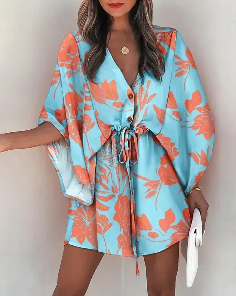 

2024 Summer New Fashion Sexy V-neck Print Beach Party Mini Dress Women's Elegant Lace up Waist Relaxed Loose fitting Clothing