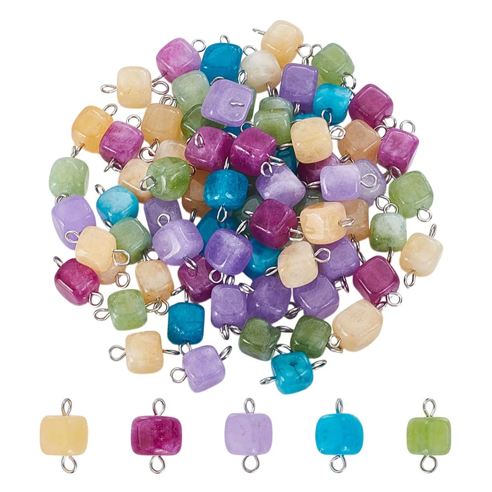 80 piezas de dijes conectores de cubo de dolomita teñidos con doble lazo de latón en tono platino, colores mezclados, 16.5x7.5x7mm