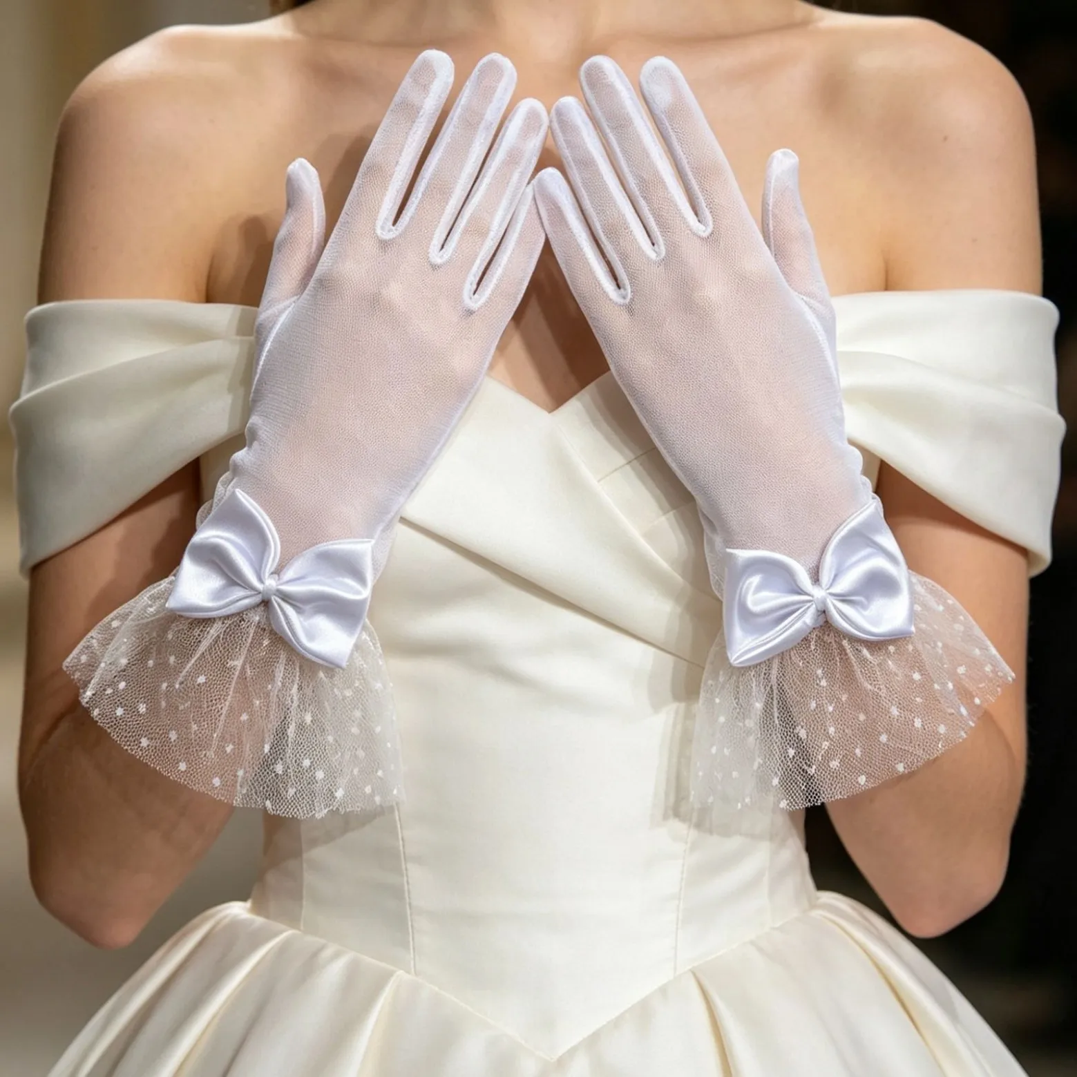 Gloves Women Black Mesh Short Satin Bow Polka Dot Cuff Sheer Wedding Party Show Lolita Accessory Lightweight Elegant Soft Airy