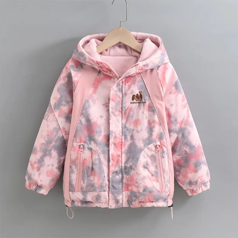 Kids Fall And Winter Teen Girl Tie Dye Reversible Hooded Jacket Letter Print Double Sided Windproof Coat Waterproof Outerwear