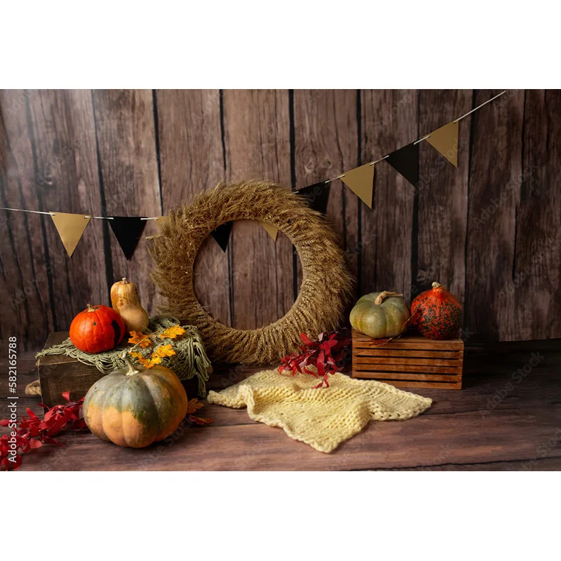 Nitree Halloween Background Autumn Pumpkin Farm Haystack Fallen Leaves Baby Photography Studio Prop Background NG-06