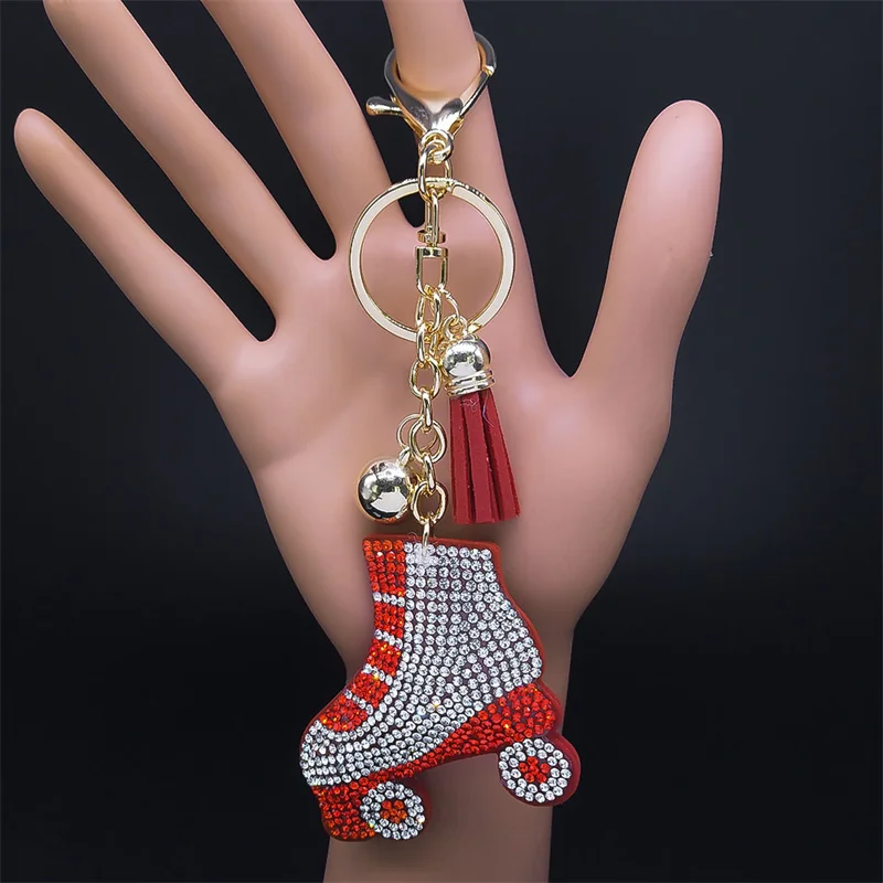 Roller Skates Shoes Crystal Key Chain for Women Men Gold Color Tassel Skating Keyring Bag Car Accessories Jewelry porte clef