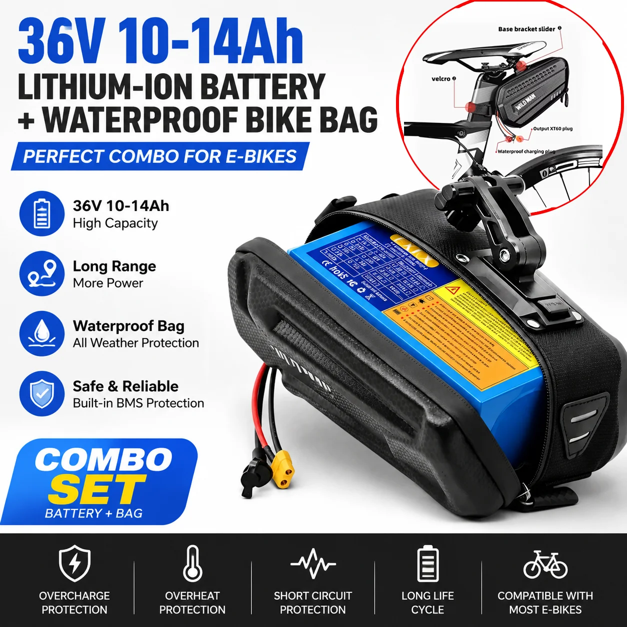 36V 14Ah 18650 Lithium Battery Pack Rechargeable 10S3P 0-500W Power for Electric Bicycle Scooter Vehicle with Waterproof Bag