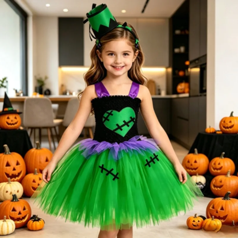 

Green tulle dress in children's cartoon style, spooky Halloween party dress, costume dress for festival and role-playing