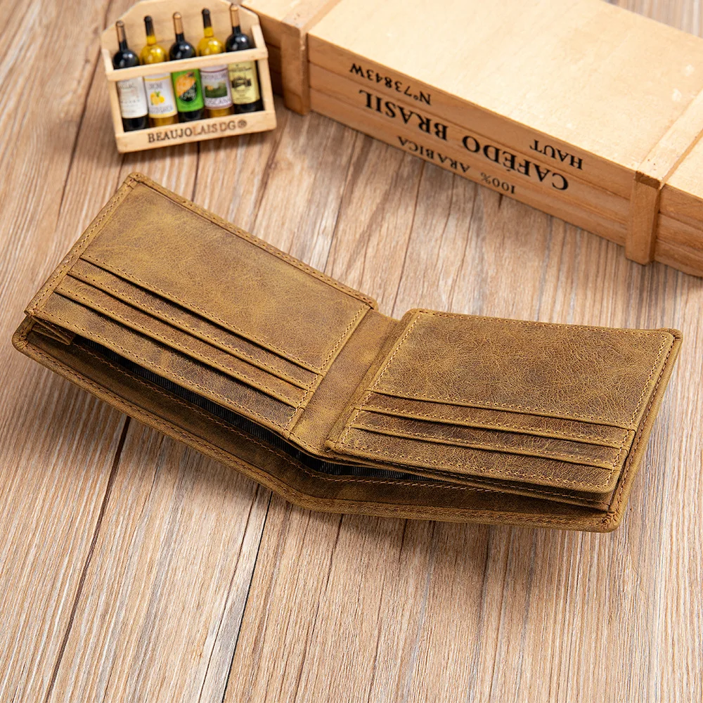 Men's Genuine Leather Short Bifold Wallet Top Layer Cowhide Card Holder Purse Vintage Slim Business Gift for Men