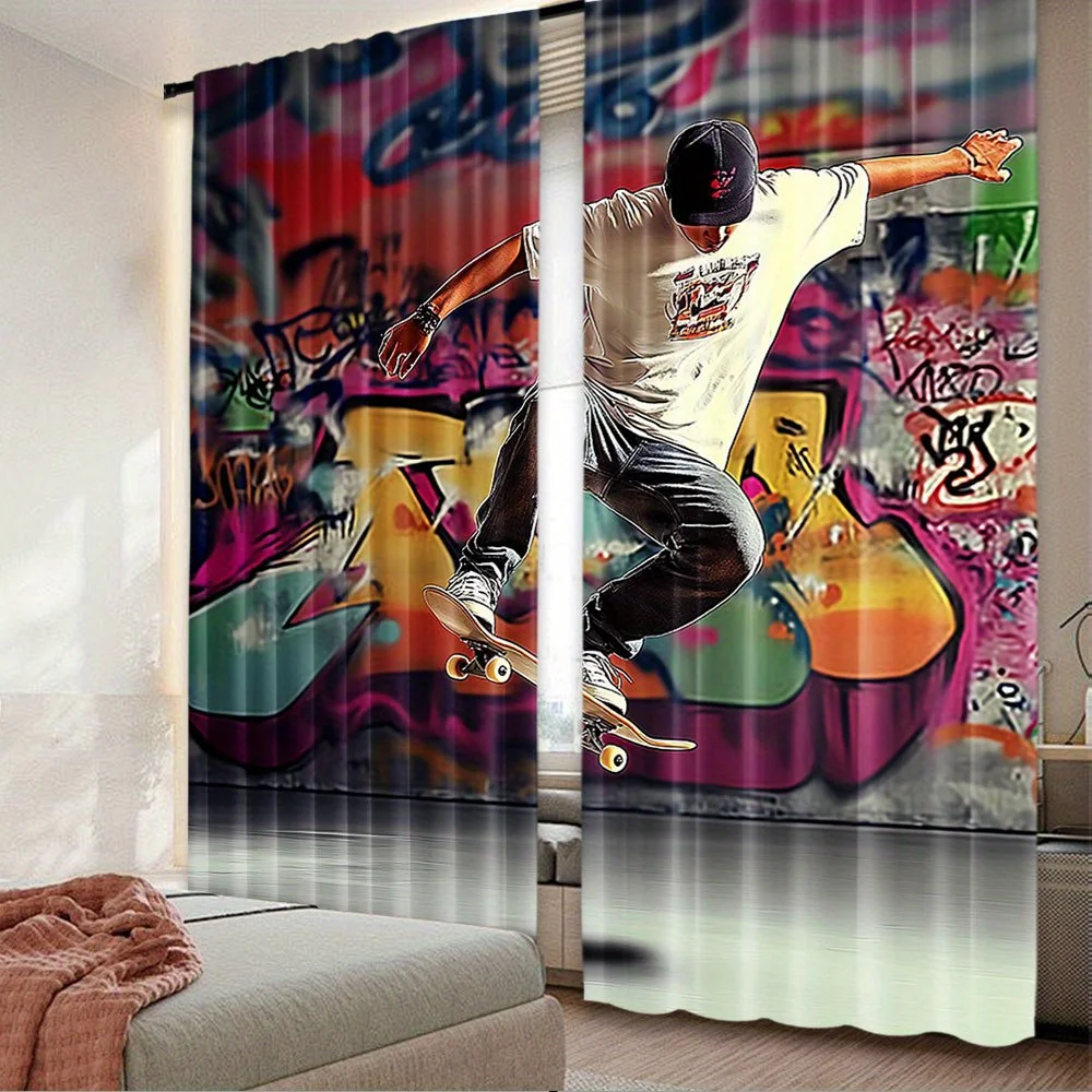 Skateboard Graffiti Curtain, Urban Street Art Window Drape, Cool Boy Sport Blackout Panel, Teen Room Living Room Decor