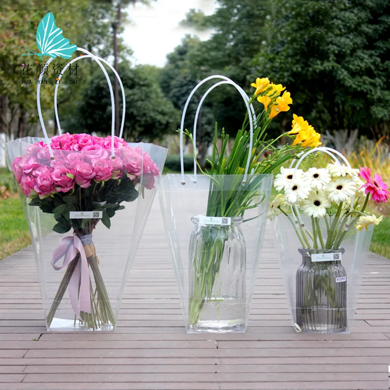Transparent PVC Handheld Gift Bouquet Bag Floral Art Square T-Bag Packaging Material for Ladies T-Shirts Summer Season