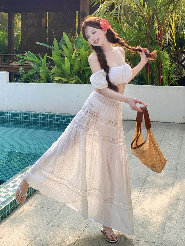 Sexy Pure Desire White Embroidery One oulder Bikini Tee Piece Set Separate Long Skirt Beach Vaion Swimsuit for Women