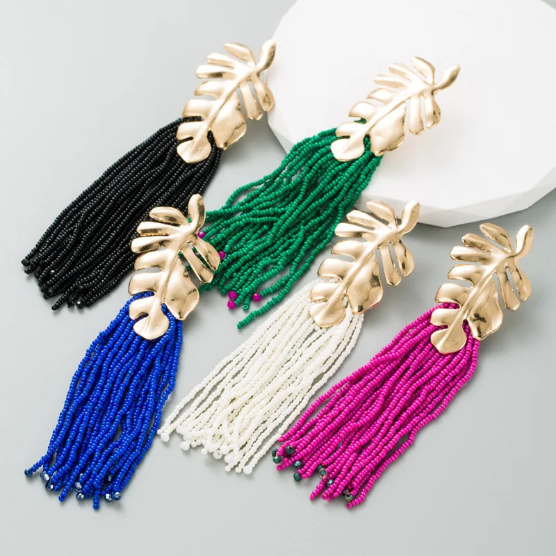 Statement Long Fuchsia Beads Tassel Gold Leaf Drop Earrings for Women