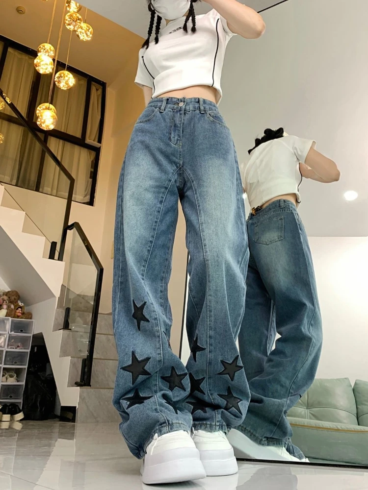 Women's Star Print Denim Pants Y2k Vintage Loose Straight Wide Leg Jeans Casual High Waist Streetwear