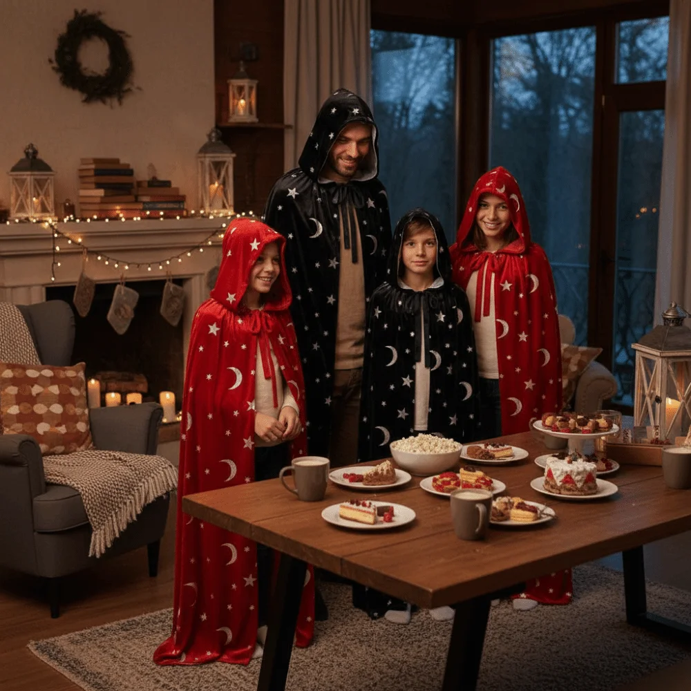 Tie Up Closure Velvet Hooded Cloak Soft Fabric Foil Printed Star Moon Cape with Hood Wrinkle Resistant Gothic Party Apparel