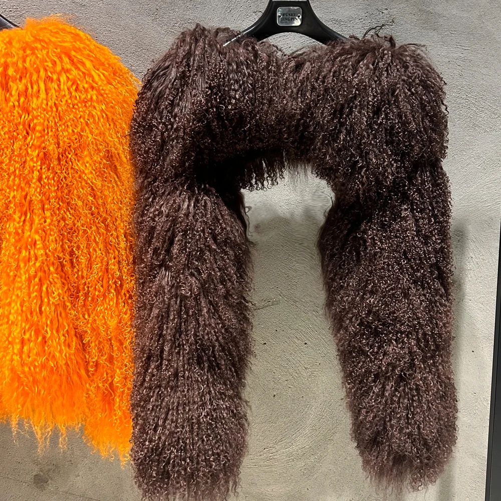 معطف فرو منغولي بني مقصوص من قماش فرو الأغنام الحقيقي 2024 معاطف شتوية قصيرة من فراء المنغوليا