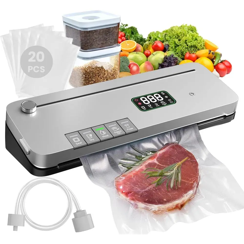 6-in-1 Food Sealing Machine, 75Kpa Suction, Digital Timer, External Cutter, Dry/Wet Mode, 20 Vacuum Bags