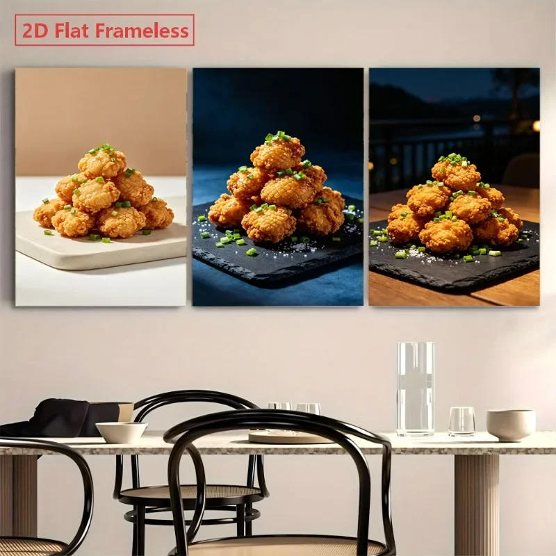 2D Flat Printing 3pcs frameless ,     Canvas Wall Art: Golden Fried Balls Stacked on Slate, Dual-Color Dining Scene, Modern