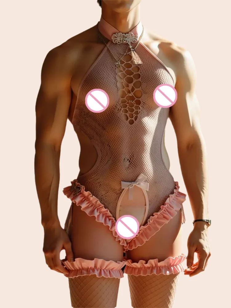 

plus size Men's sexy porno lingerie couple interactive role-playing pink Mesh crotchless bodysuit Lace stockings accessories hot