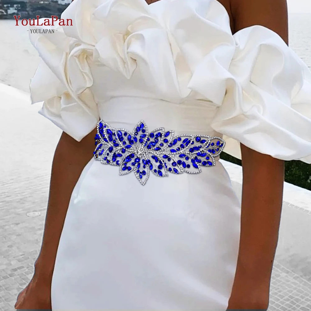 YouLaPan Bridal Wedding Dress Belt Blue Color Rhinestone Handmade Women Waist Flower Belt For Bridesmaid Sash Belt SH803