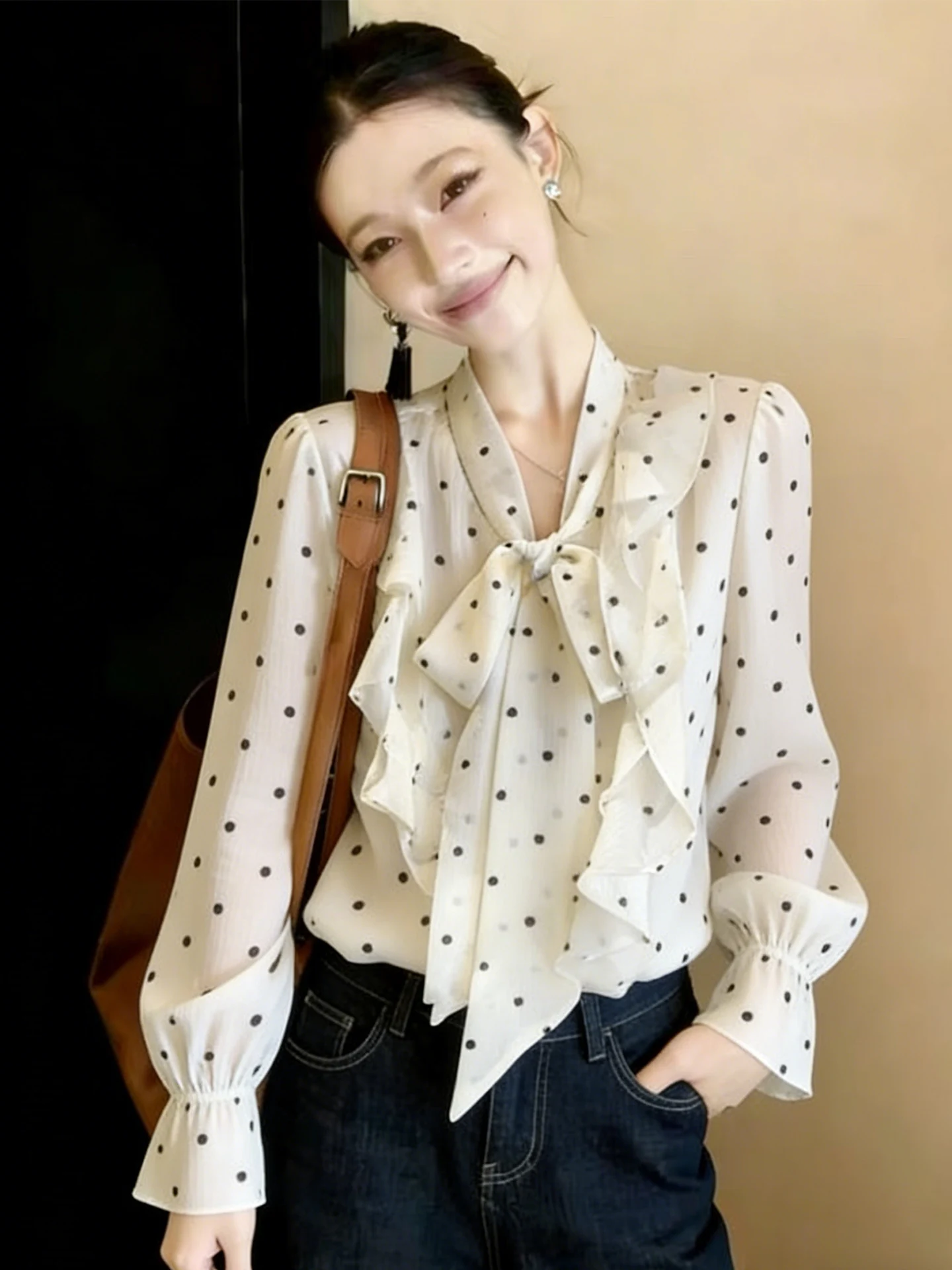 

Summer Loose Women's Sun Protection Shirt Knot Long Sleeve Polka Dot Blouse Floral Korean Style Top